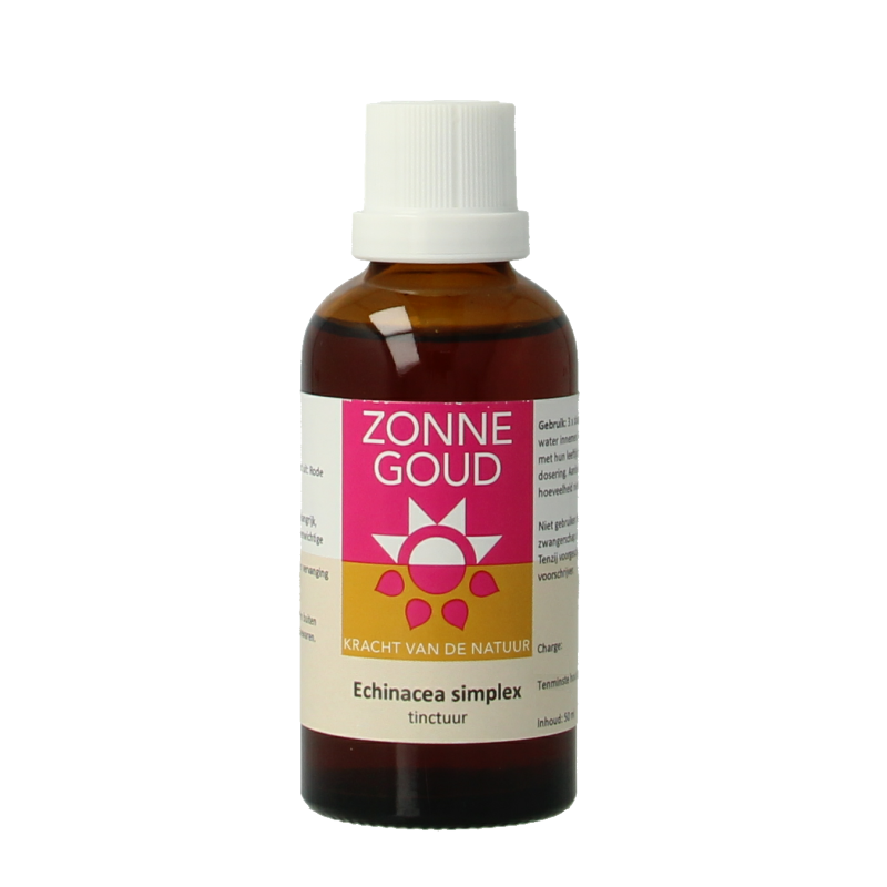 Zonnegoud Echinacea simplex herbal supplement in 50ml bottle, featuring fresh Echinacea flowers and leaves on the label.