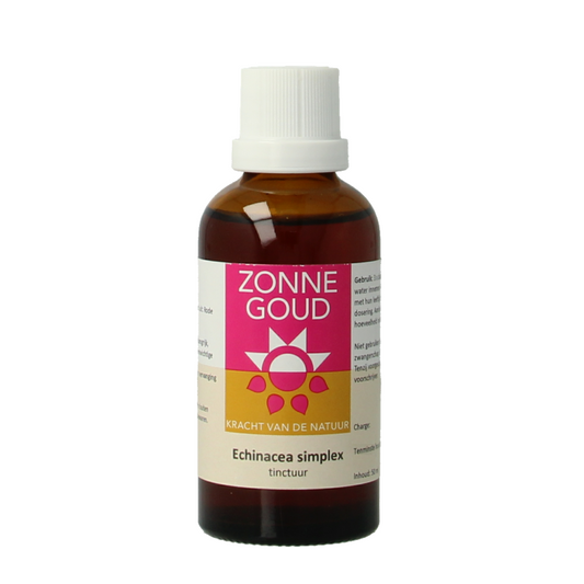 Zonnegoud Echinacea simplex herbal supplement in 50ml bottle, featuring fresh Echinacea flowers and leaves on the label.