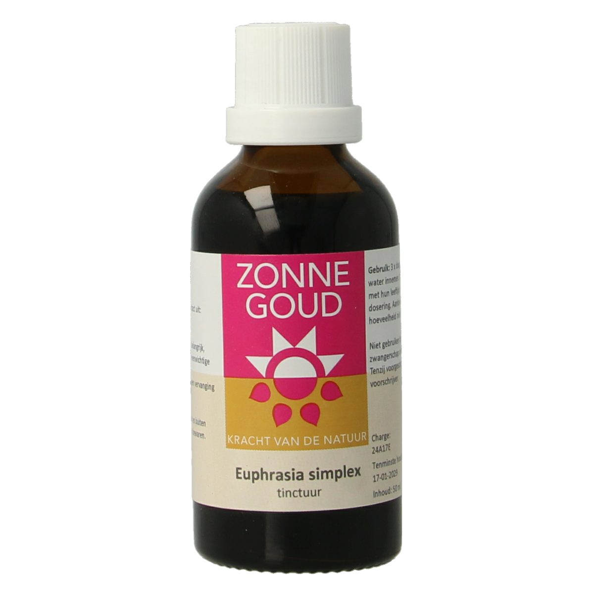 Zonnegoud Euphrasia simplex herbal remedy in a 50ml bottle, part of Kruidenpreparaten collection, with label and dropper cap visible.
