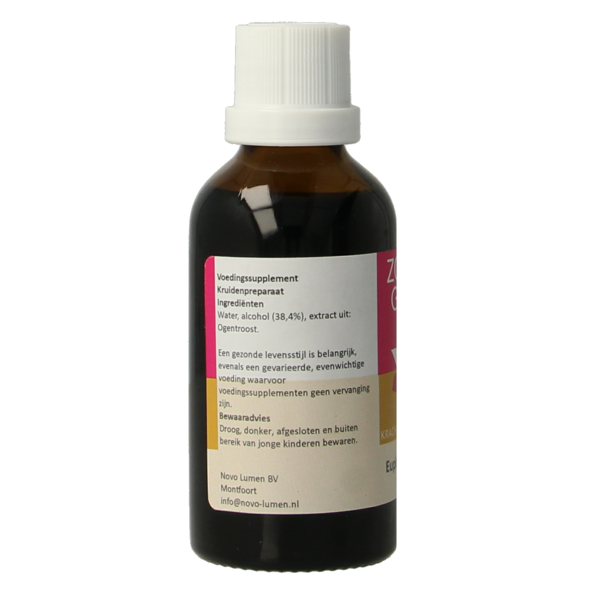 Zonnegoud Euphrasia simplex herbal remedy in a 50ml bottle, part of Kruidenpreparaten line, with label and dispensing cap visible.