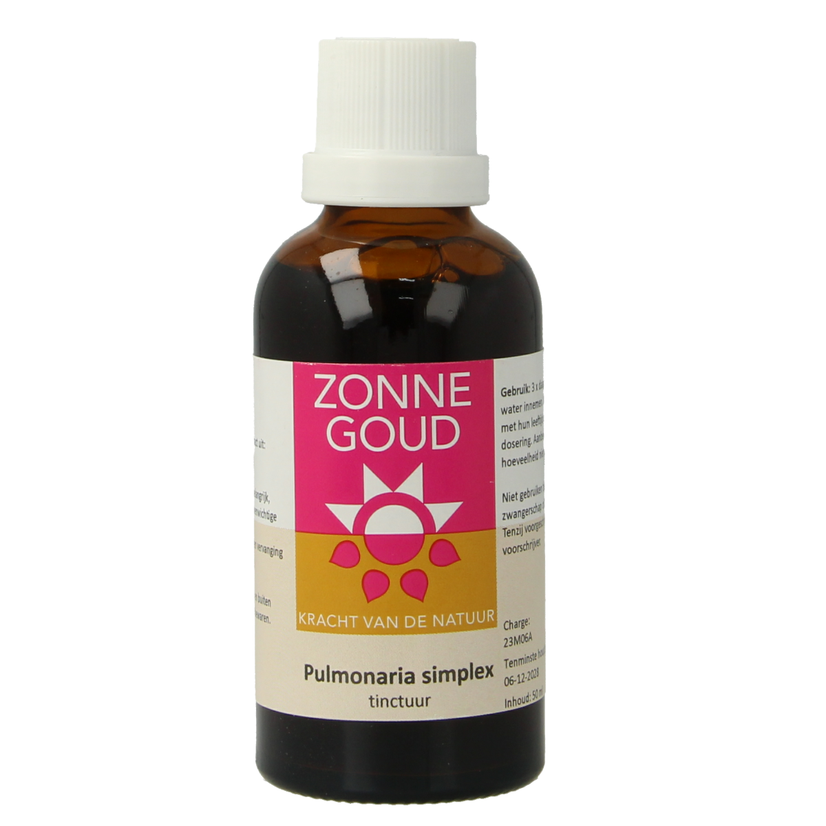 Zonnegoud Pulmonaria simplex herbal supplement in a 50ml bottle, part of Zonnegoud's herbal remedy collection.