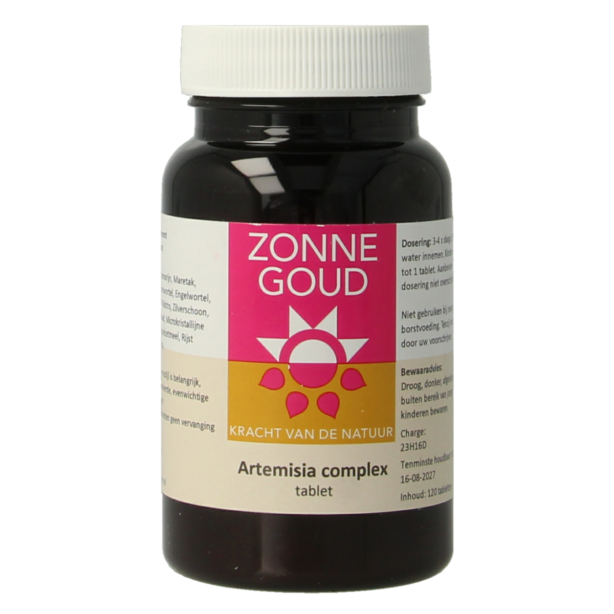 Zonnegoud Artemisia complex herbal tablets in a bottle, dietary supplement for natural health support.