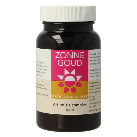 Zonnegoud Artemisia complex herbal tablets in a bottle, dietary supplement for natural health support.