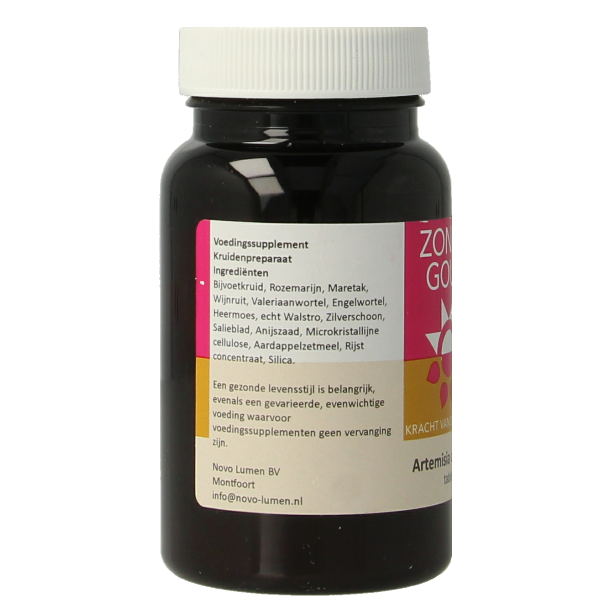 Zonnegoud Artemisia complex herbal tablets in a bottle, dietary supplement for wellness from Kruidenpreparaten collection.