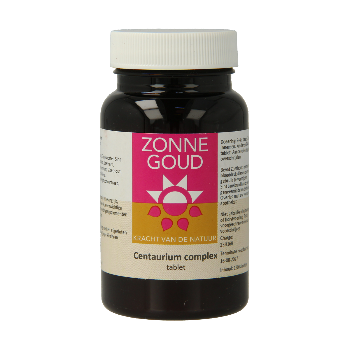 Zonnegoud Centaurium complex herbal supplement tablets in a bottle, natural herbal remedy by Zonnegoud.