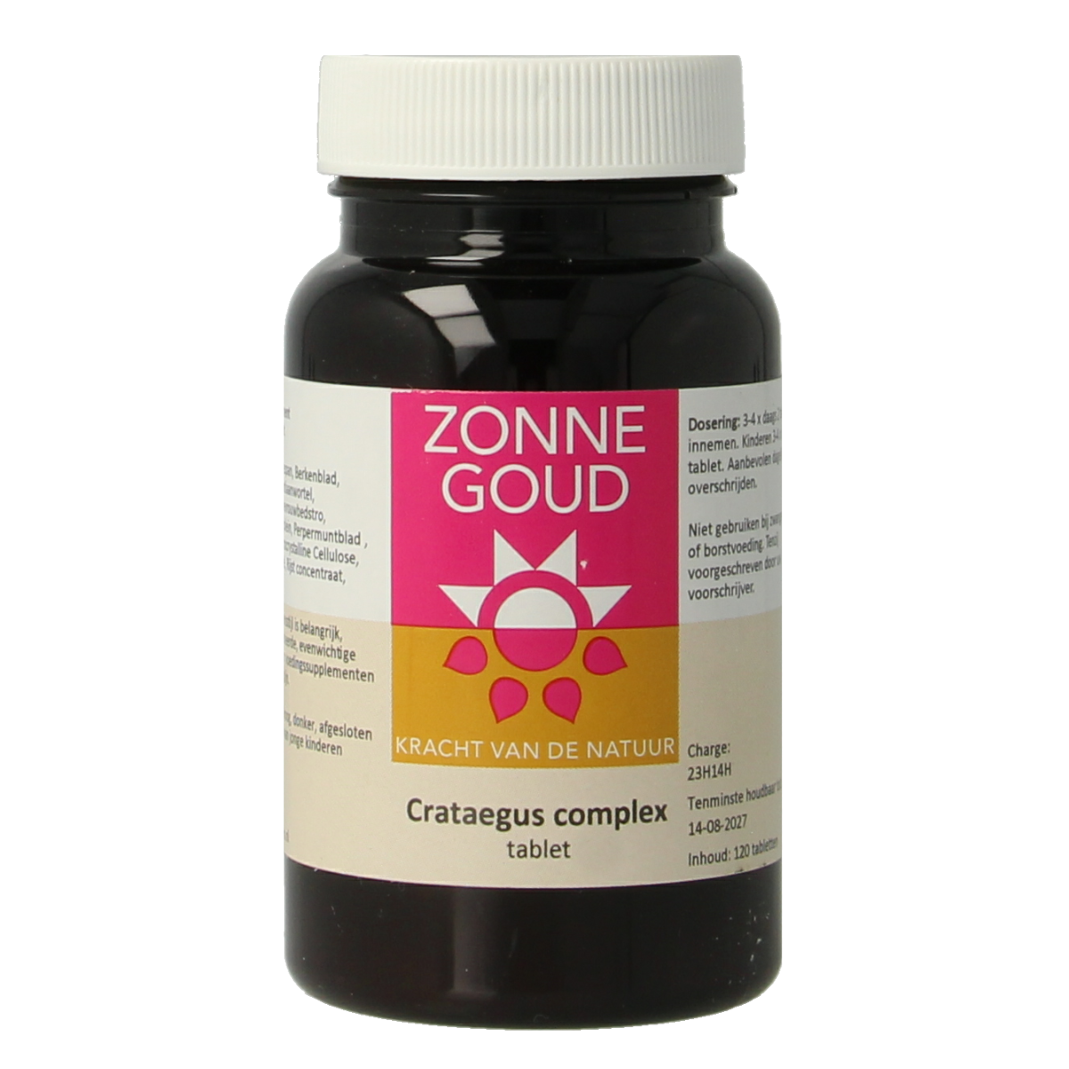 Zonnegoud Crataegus complex herbal supplement tablets from Kruidenpreparaten, featuring a bottle of 120 herbal tablets.