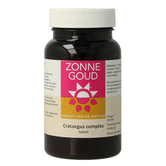 Zonnegoud Crataegus complex herbal supplement tablets from Kruidenpreparaten, featuring a bottle of 120 herbal tablets.
