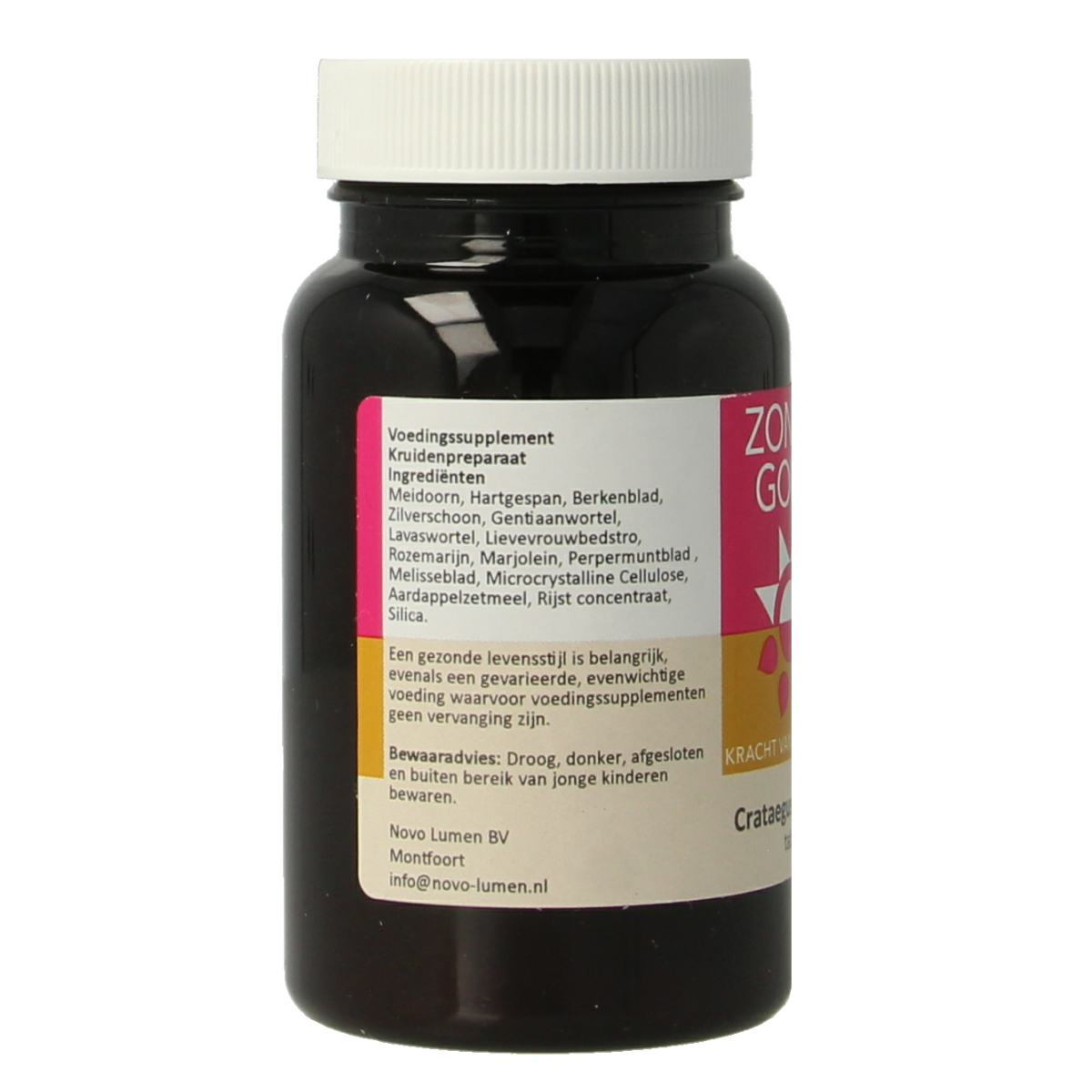 Zonnegoud Crataegus complex herbal supplement tablets in a bottle with label showing product details.