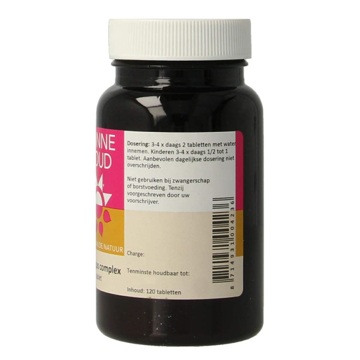 Zonnegoud Crataegus complex herbal tablets in a bottle, dietary supplement from Zonnegoud for heart health.