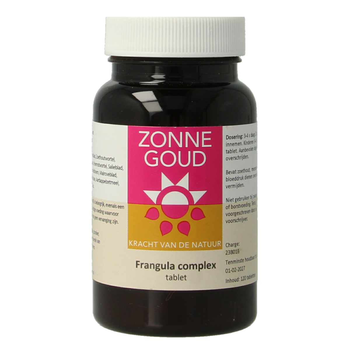 Zonnegoud Frangula complex herbal tablets in a blister pack, dietary supplement for digestive health.