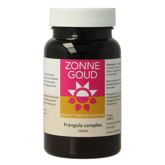 Zonnegoud Frangula complex herbal tablets in a blister pack, dietary supplement for digestive health.