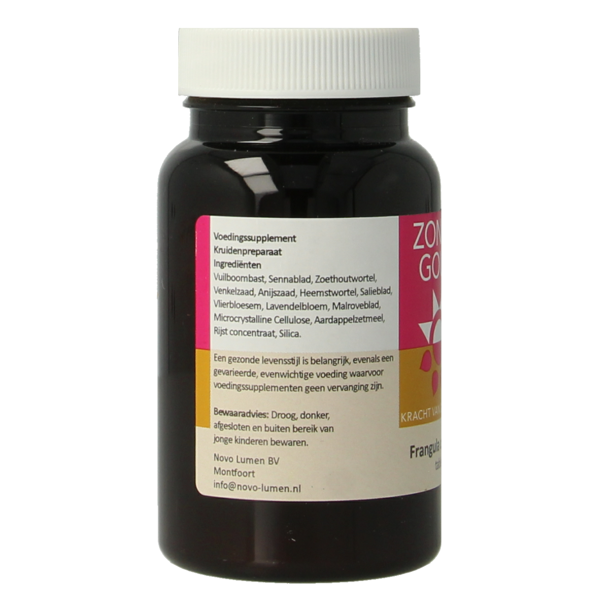 Zonnegoud Frangula complex herbal tablets in a blister pack, natural herbal supplement for digestive support.