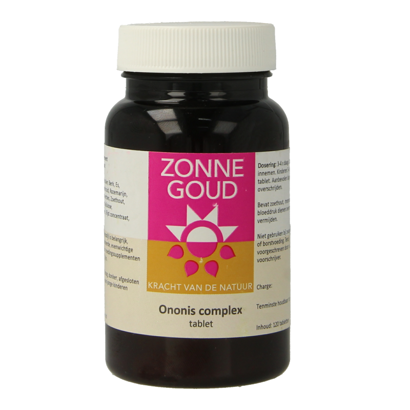 Zonnegoud Ononis complex herbal supplement in a blister pack of 120 tablets, designed for natural health support.