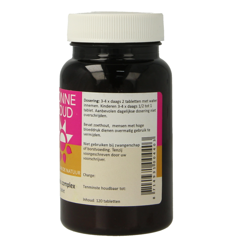 Zonnegoud Ononis complex herbal supplement tablets in a bottle, natural herbal remedy for health support.