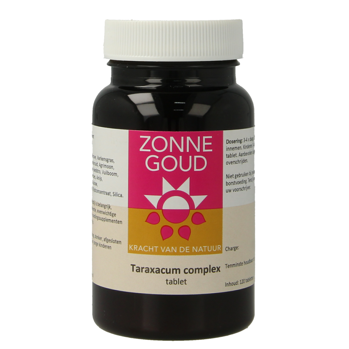 Zonnegoud Taraxacum complex herbal supplement tablets in a bottle, natural remedies for health support.