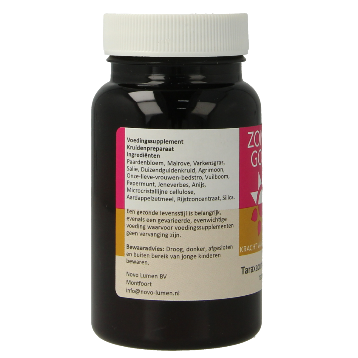 Zonnegoud Taraxacum complex herbal tablets in a bottle, dietary supplement for natural health support.