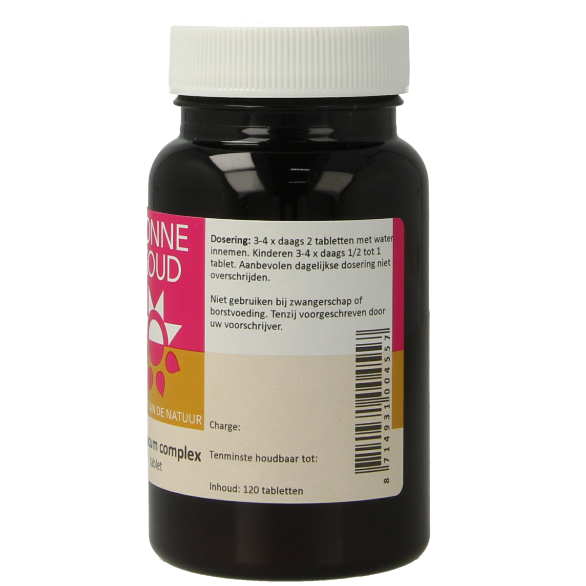 Zonnegoud Taraxacum complex herbal tablets in a bottle, supplement for natural health, with label showing product details.