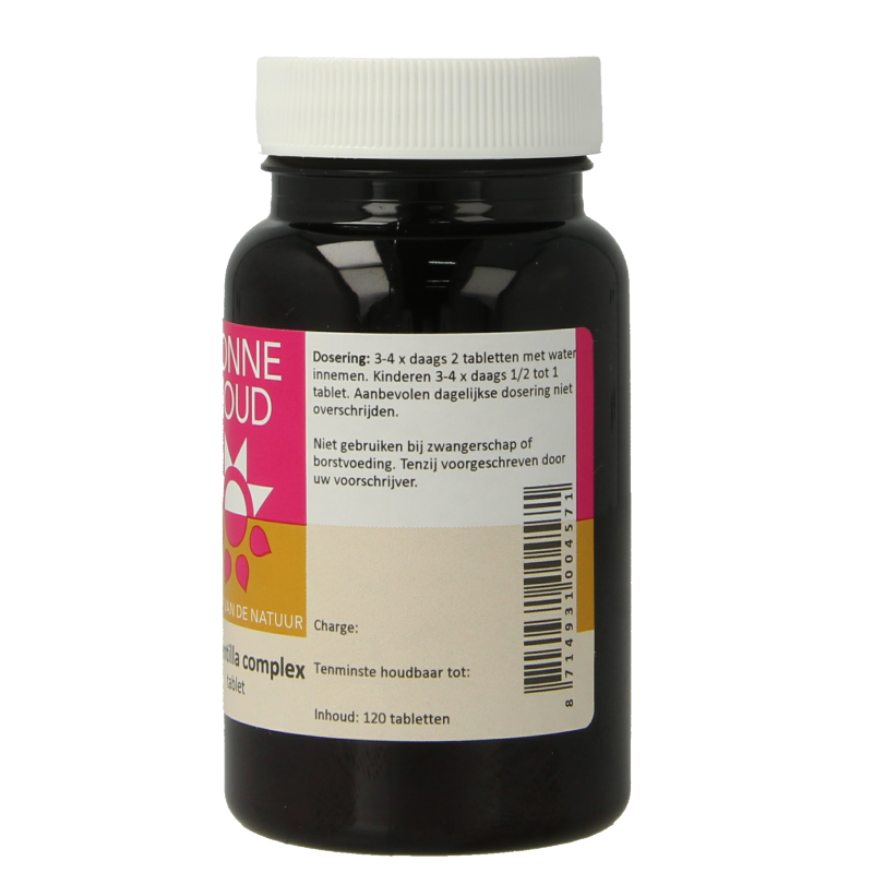 Zonnegoud Tormentilla complex herbal supplement in 120 tablets, showing the product packaging and tablets.