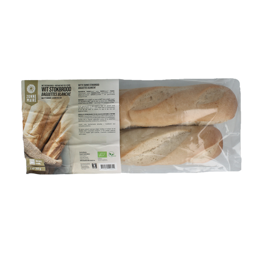 Zonnemaire bio white stokbrood loaf sliced, part of a pack of two, ideal for sandwiches or toast, fresh and artisanal style.