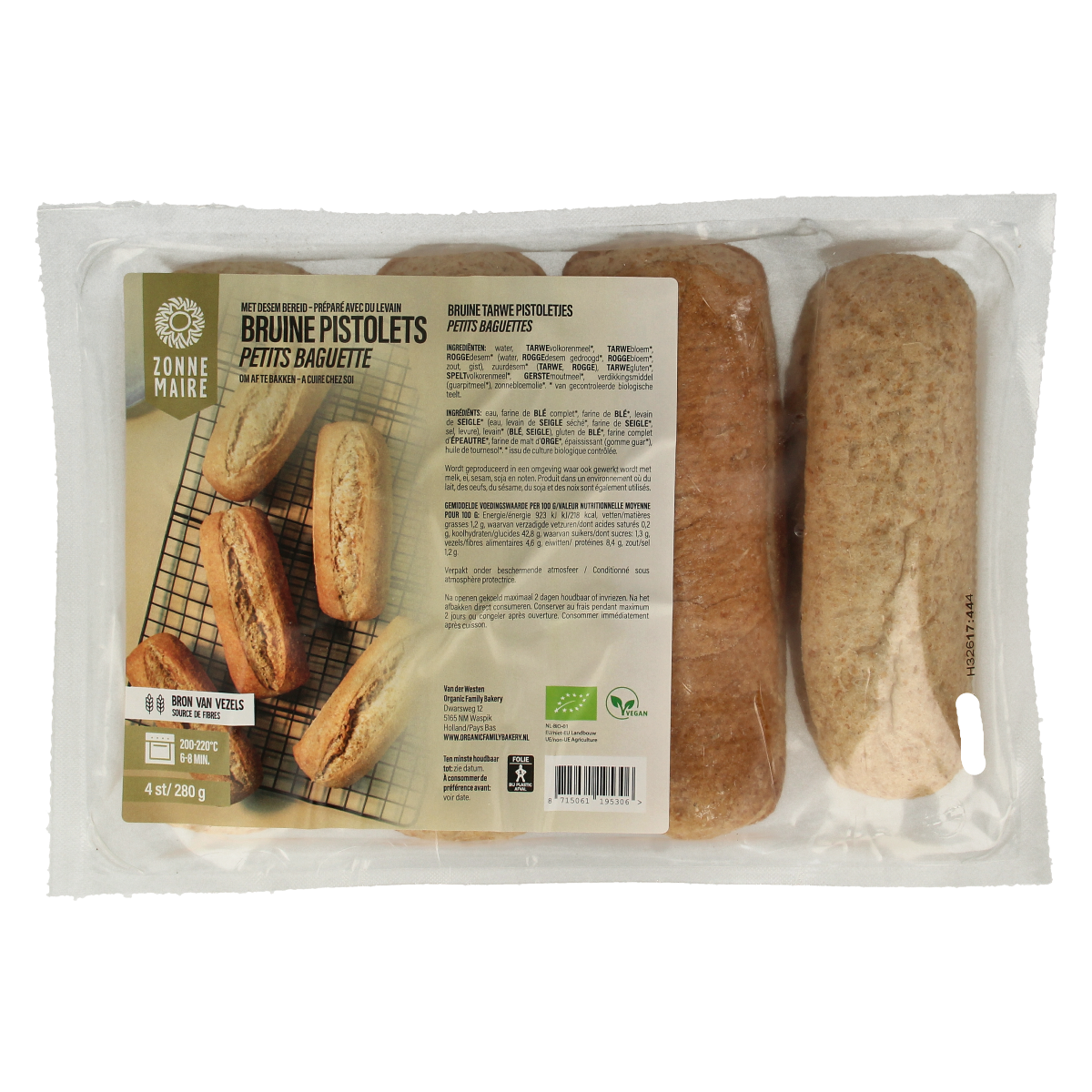 Zonnemaire Pistolet bruin bio bread, 280g, organic whole grain crackers with a rustic appearance and golden-brown crust.