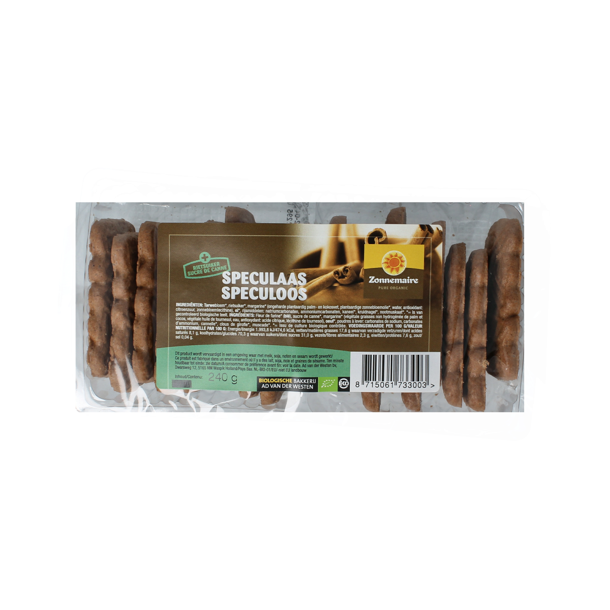 Zonnemaire Speculaas bio koeken, 240g, with spiced, crispy cookies featuring traditional Dutch flavor and branding.