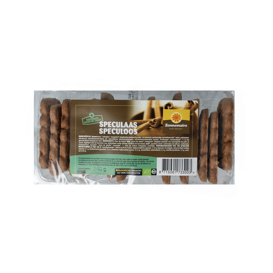 Zonnemaire Speculaas bio koeken, 240g, with spiced, crispy cookies featuring traditional Dutch flavor and branding.