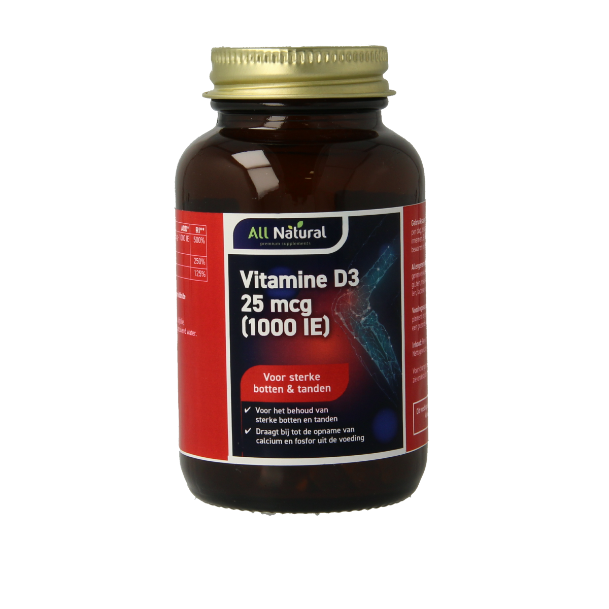 All Natural Vitamin D3 25mcg capsules, close-up of 120 softgel bottles, showcasing the supplement's packaging and branding.