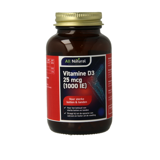 All Natural Vitamin D3 25mcg capsules, close-up of 120 softgel bottles, showcasing the supplement's packaging and branding.