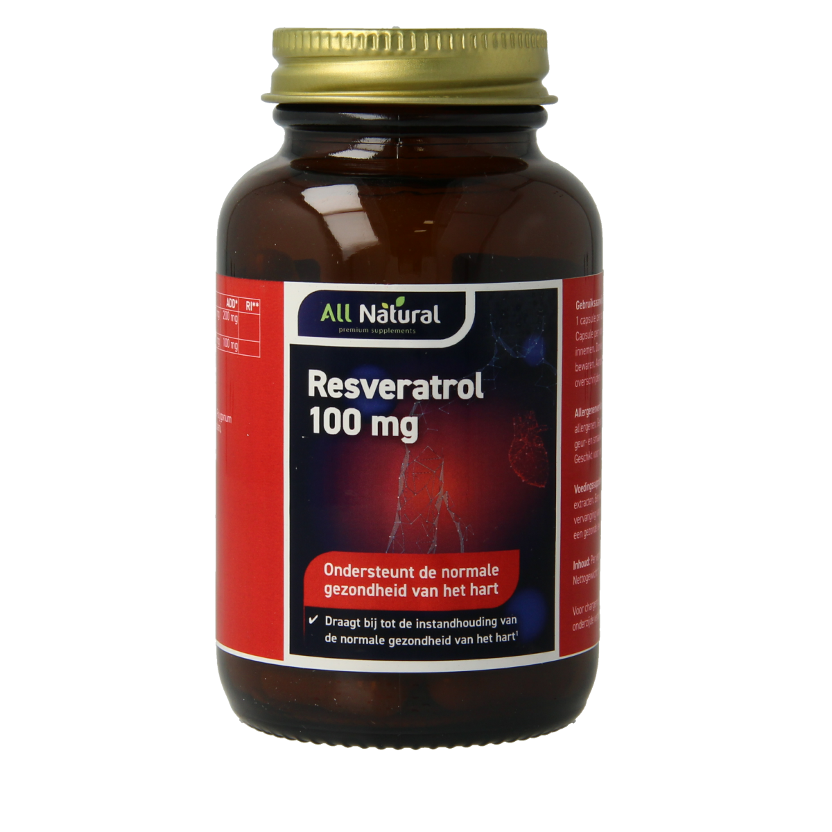 All Natural Resveratrol 100mg capsules, herbal supplement from Kruidenpreparaten brand, showing a bottle of 60 capsules on the label.