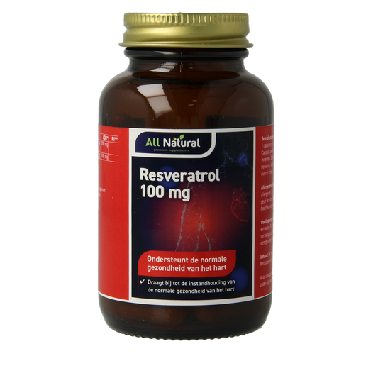 All Natural Resveratrol 100mg capsules, herbal supplement from Kruidenpreparaten brand, showing a bottle of 60 capsules on the label.