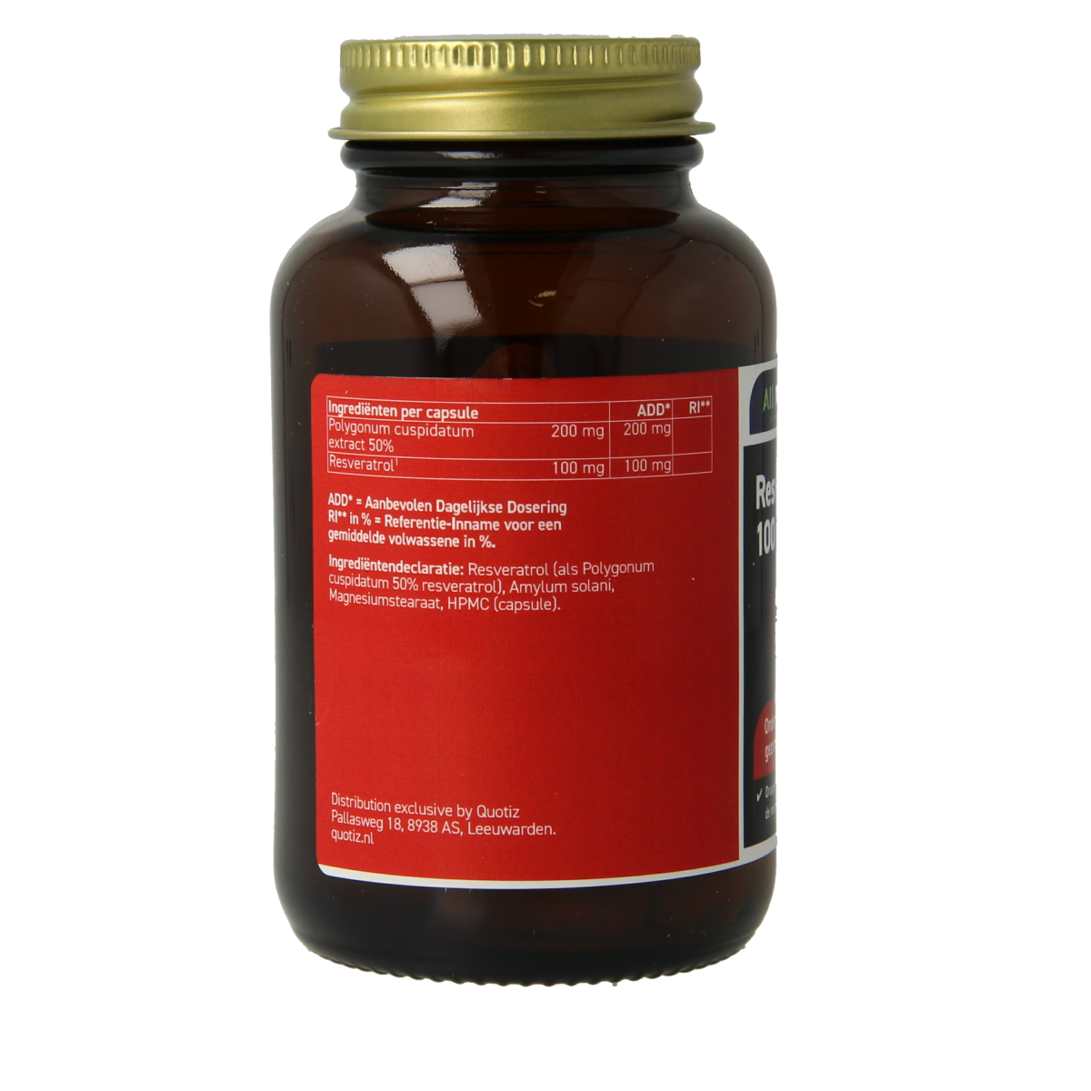All Natural Resveratrol 100mg capsules in a bottle, dietary supplement from Kruidenpreparaten brand.