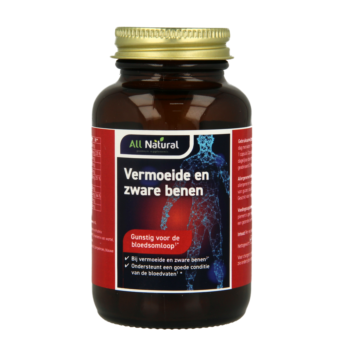 All Natural herbal capsules for tired, heavy legs, featuring natural ingredients, in a clear bottle with capsules visible inside.