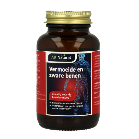 All Natural herbal capsules for tired, heavy legs, featuring natural ingredients, in a clear bottle with capsules visible inside.