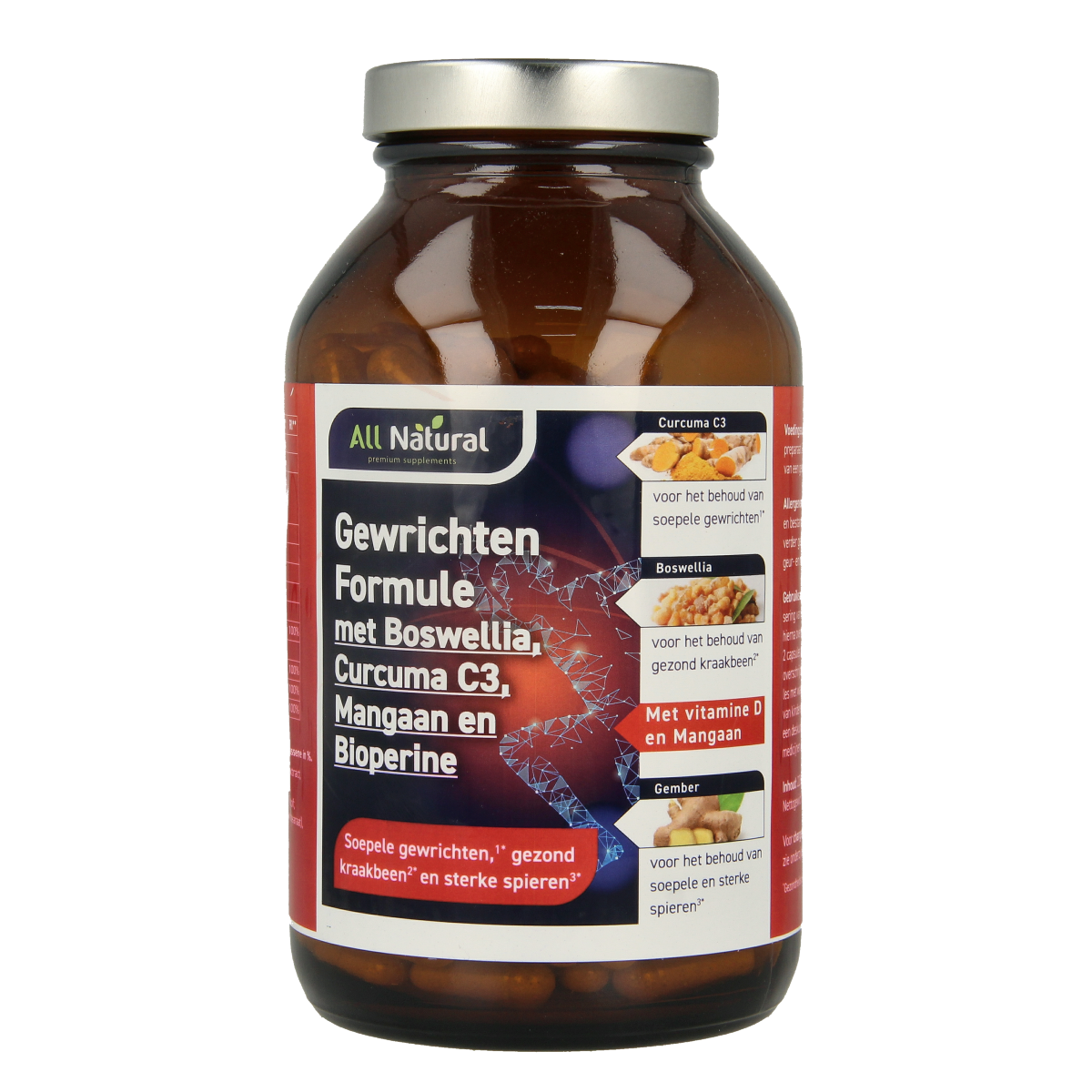 All Natural Gewrichten formule herbal supplement capsules shown in a bottle with label, natural ingredients for joint support.