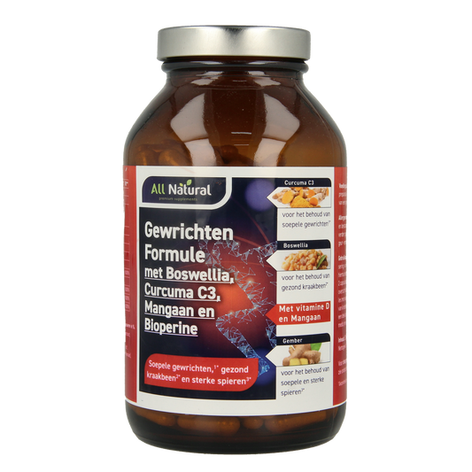All Natural Gewrichten formule herbal supplement capsules shown in a bottle with label, natural ingredients for joint support.