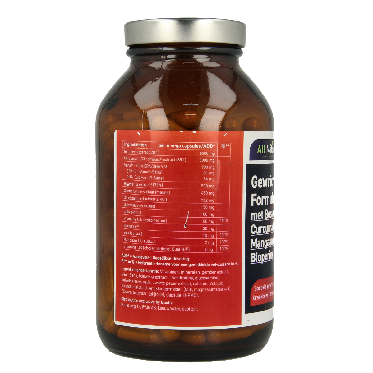 All Natural Gewrichten formule capsules in a bottle, herbal supplement for joint support, natural herbal preparation.