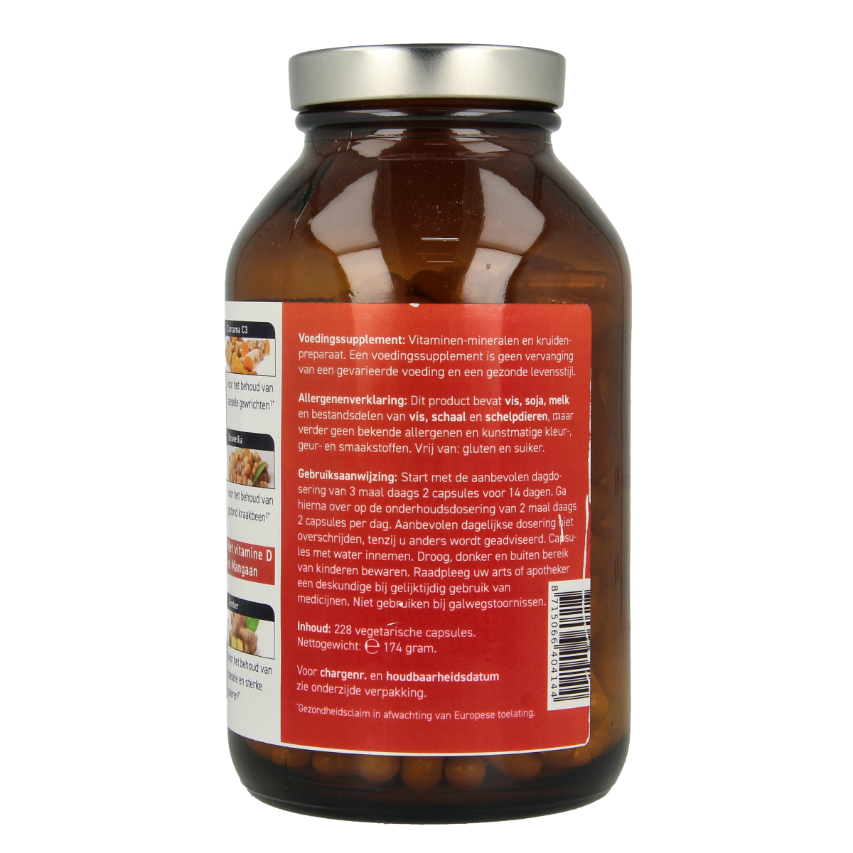 All Natural Gewrichten formule herbal capsules in a clear bottle, showing 228 capsules for joint support and herbal remedy.