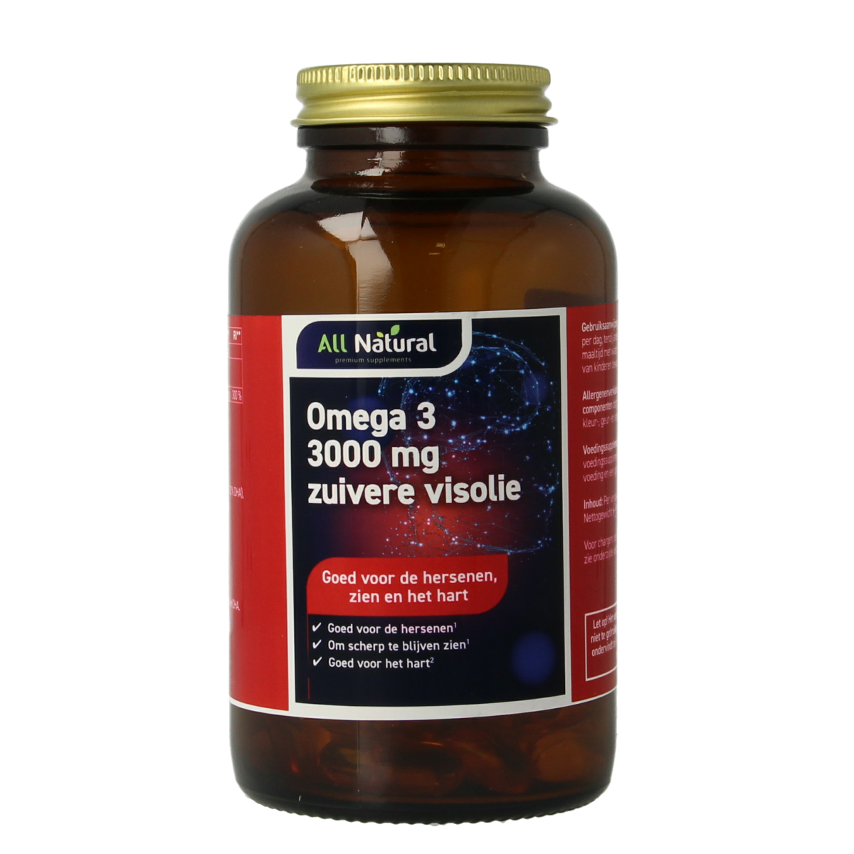 All Natural Omega 3 3000mg pure fish oil capsules, dietary supplement, featuring 100 capsules in a clear bottle.
