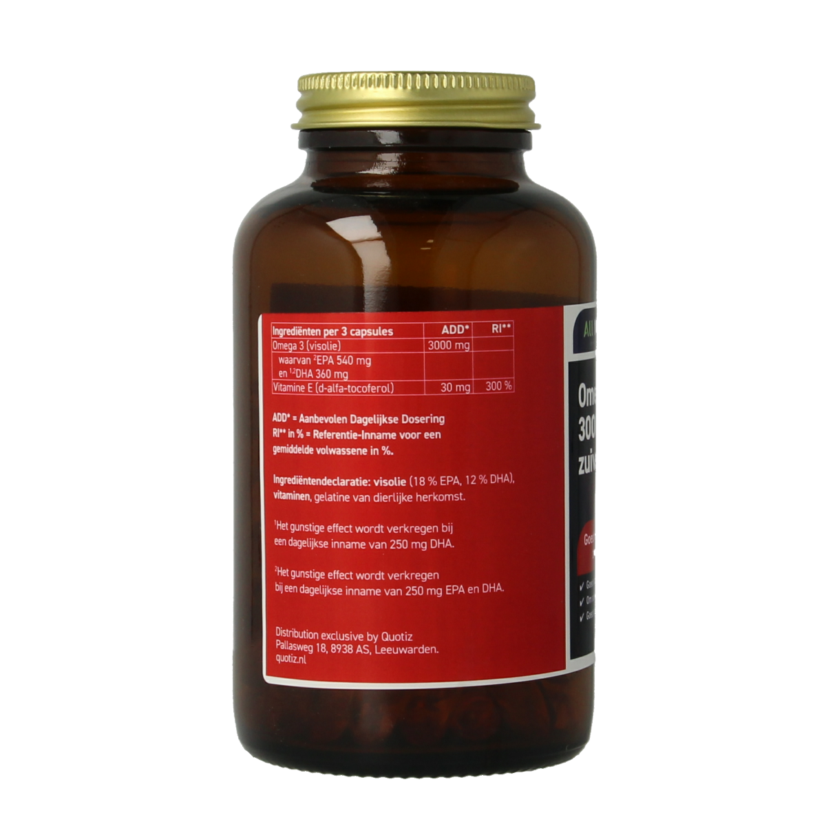 All Natural Omega 3 3000mg pure fish oil capsules, softgel Vetzuren supplement, close-up of the capsule bottle.