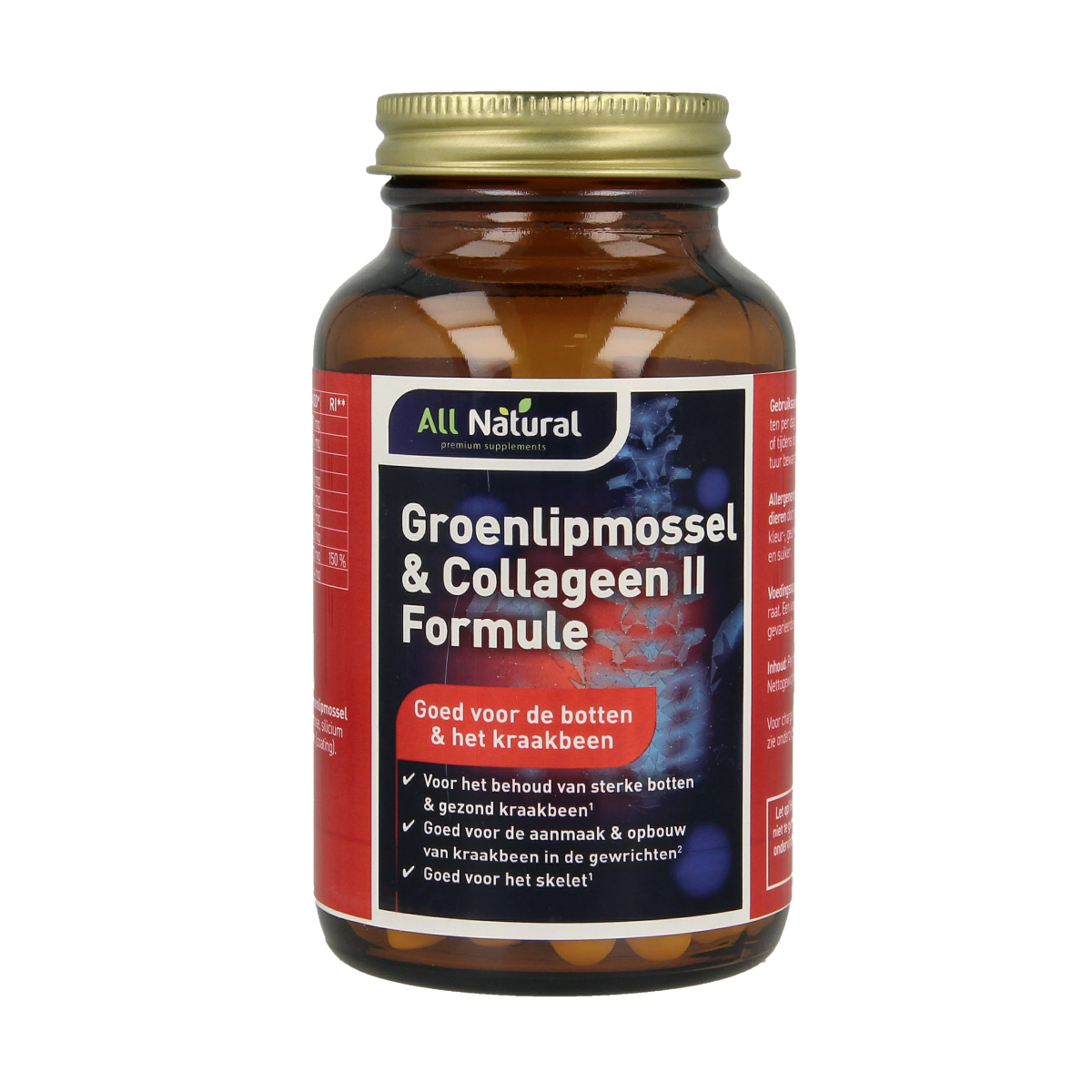 All Natural Groenlipmossel & Collagen II mineral supplement tablets, showing a bottle with 60 capsules on the label