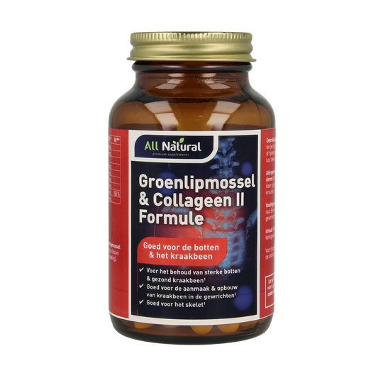 All Natural Groenlipmossel & Collagen II mineral supplement tablets, showing a bottle with 60 capsules on the label