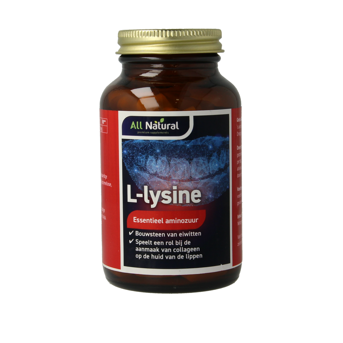 All Natural L-Lysine 2000mg amino acid tablets in a bottle, dietary supplement for immune support and healthy skin.