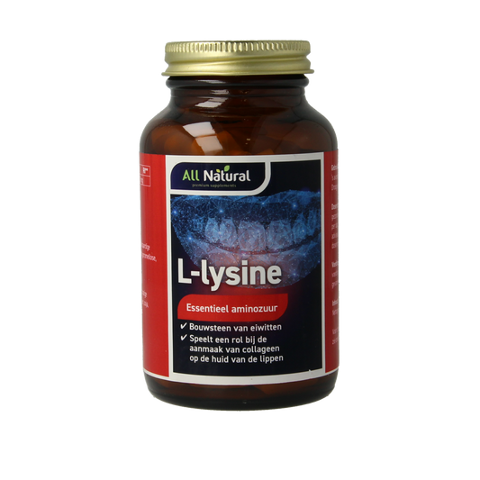 All Natural L-Lysine 2000mg amino acid tablets in a bottle, dietary supplement for immune support and healthy skin.