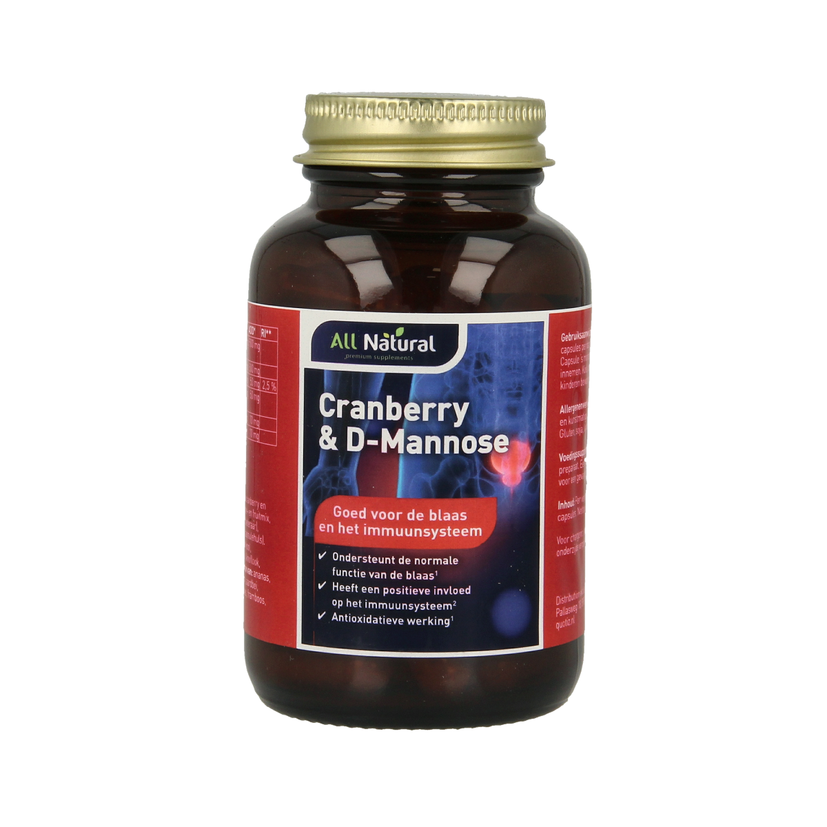 All Natural cranberry and D-Mannose herbal supplement capsules in vegetarian form, shown in a bottle with label.