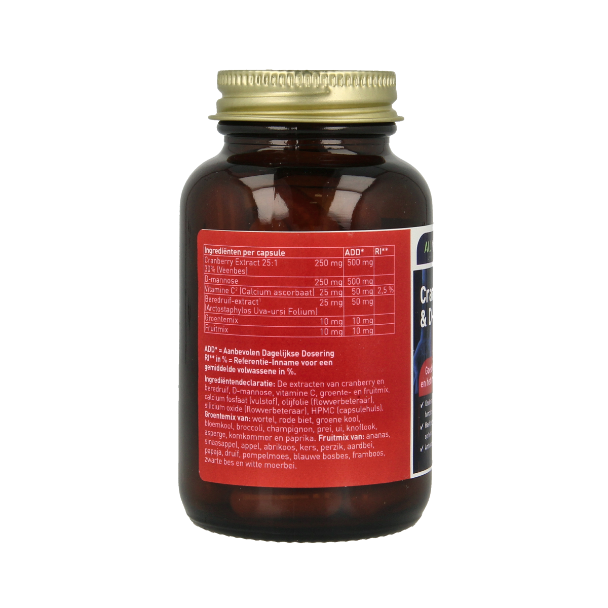 All Natural Cranberry & D-Mannose vegetarian capsules in a bottle, herbal supplement for urinary health.