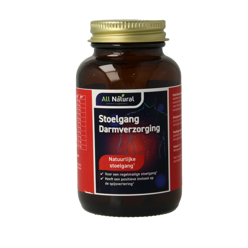 All Natural Stoelgang herbal supplement, 100 tablets, natural herbal remedy for bowel support, displayed in a bottle.