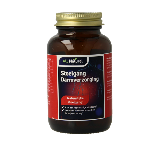 All Natural Stoelgang herbal supplement, 100 tablets, natural herbal remedy for bowel support, displayed in a bottle.