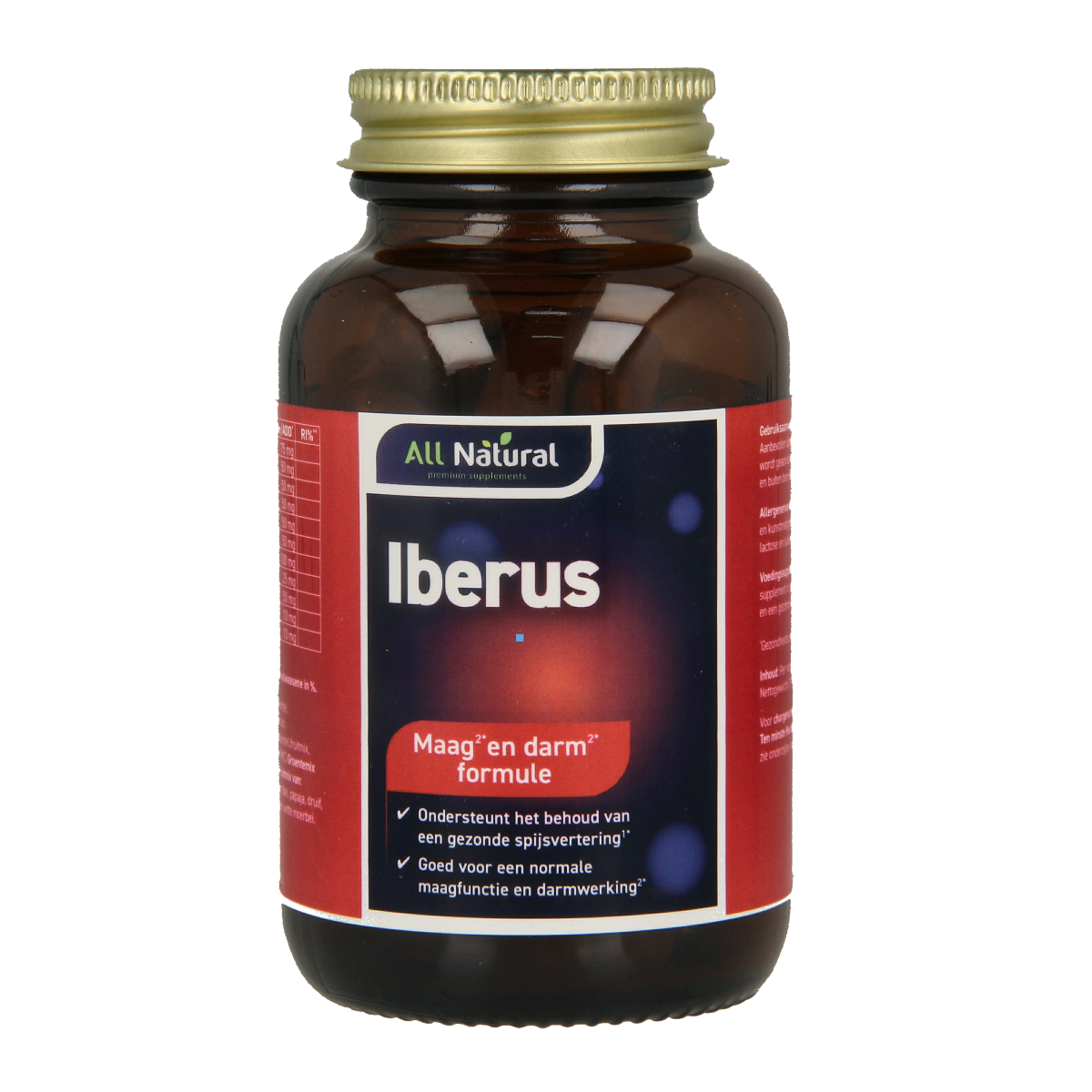 All Natural Iberus maag darm formule in vegetarian capsules, herbal supplement for digestive health, shown in the image.
