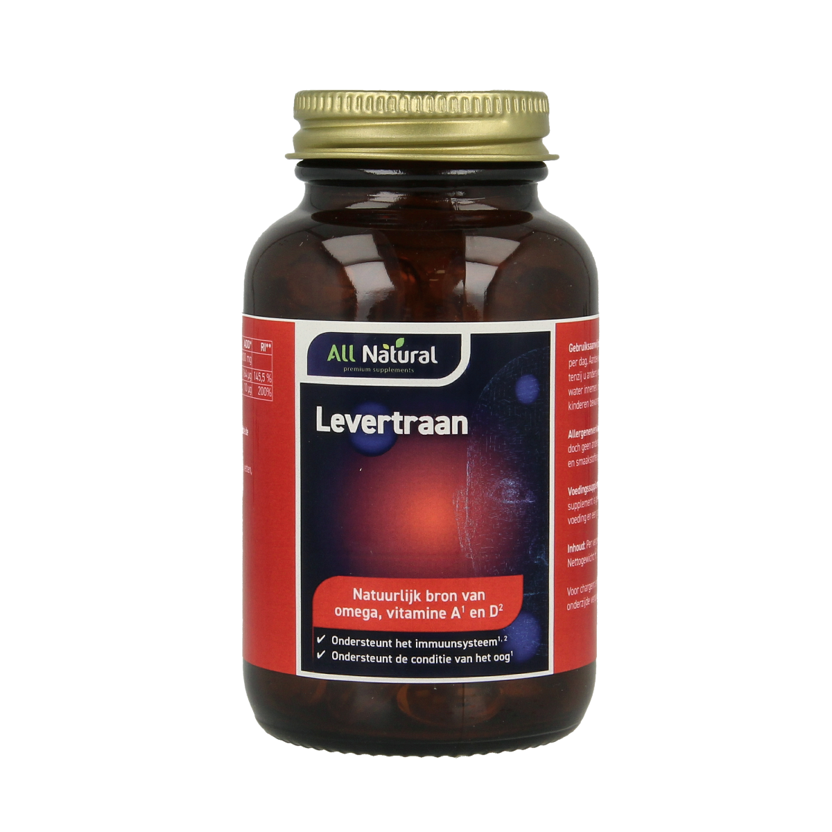All Natural Levertraan vitamine A & D capsules, softgel dietary supplement with omega-3 fatty acids, bottle of 100 capsules.