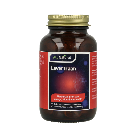 All Natural Levertraan vitamine A & D capsules, softgel dietary supplement with omega-3 fatty acids, bottle of 100 capsules.